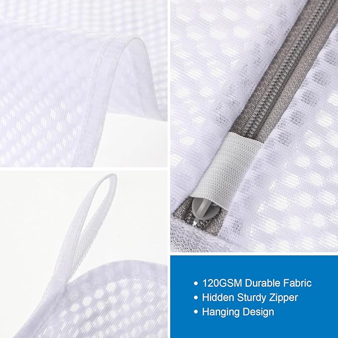 3 PCS Durable Honeycomb Mesh Laundry Bags for Delicates with Zipper, 12 x 16 Inches Reusable Laundry Bag Mesh Wash Bags for Washing Machine for Clothes, Shoes, Socks, Underwear, Bra (M, White)
