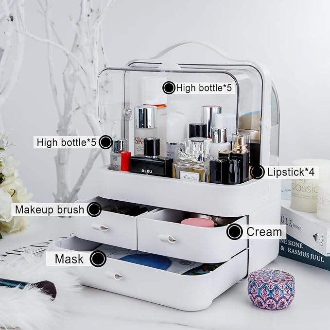 Nervure White Makeup Organizer - Cosmetic Storage Box with Lid - Makeup Organizer Storage Drawersr with Dust Free Cover and Portable Handle for Bathroom Countertop & Dresser & Gift