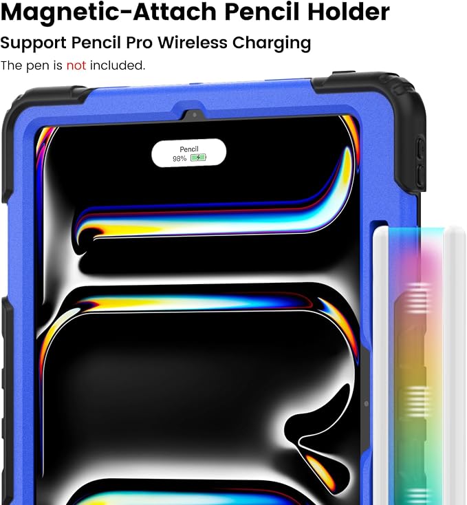 for iPad Pro 11 inch Protective Case M5 2025/M4 2024: Heavy Duty Shockproof Case with Pencil Holder - 360°Rotating Handle/Stand - Screen Protector - Shoulder Strap Black/Sky Blue