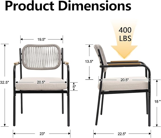 Outdoor Dining Chairs Set of 4, Wicker Patio Dining Chairs with Removable Cushions, Rectangle Patio Table Chair, All Weather Outdoor Chairs, Metal Lawn Chair for Adults/Indoor/Deck, Beige