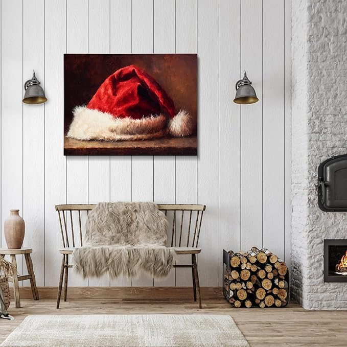 AbcCustomize Vintage Red Santa Hat Christmas Wall Art - Festive Christmas Canvas Prints with Wood Frame, Cozy Winter Decor for Livingroom Bedroom, Unique Christmas Gifts & Winter Home Decor