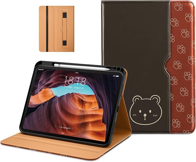 DTTO for iPad (A16) 11th Generation 11-inch &amp 10th Gen Case Brown | Premium Leather Business Cover with Pencil Holder Hand Strap &amp Pocket Corner Protection Auto Sleep/Wake for Work &amp