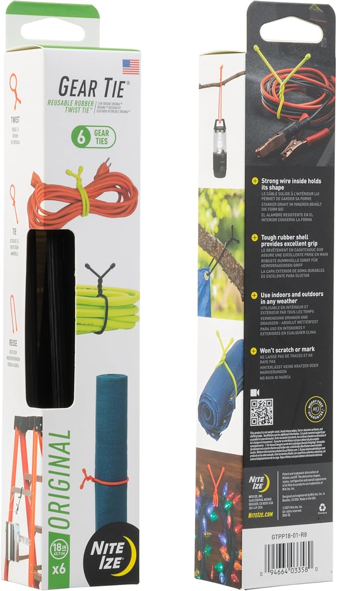 Nite Ize Original Gear Tie - 18-Inch Reusable Rubber Twist Gear & Zip Ties - Electric Cord Organizers - Black, 18-Inch, 6 Pack
