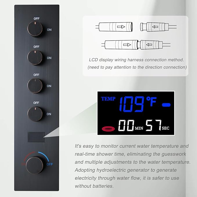 KATAIS Temperature Display Oil Rubbed Bronze Shower System, Push Button Shower Faucet with Handheld Spray, Ceiling Mount 12 Inch and 8 Inch Wall Mount Shower Head, 6 PCS Body Jet