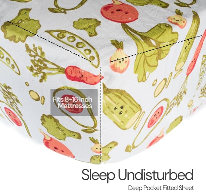 Salt Earth 100% Cotton 210TC Kids Bedsheet, Twin Fitted Sheet, Toddler Bed, 2 Piece Bedding Set- 1 Fitted Sheet and 1 Pillowcase, Themed Toddler Bed Sheets, Cute Sheets for Kids Bed (Veggie)
