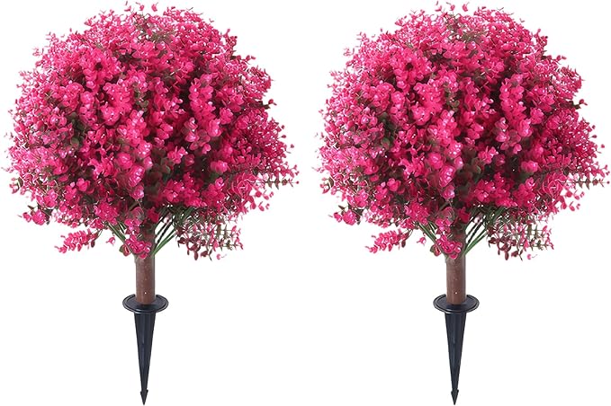 Set of 2 Artificial Boxwood Topiary Ball Trees, 23.6" Fake Tree with Ground Spike, UV Resistant Artificial Bushes, Fake Plants for Porch, Outdoors, Indoor, Garden and Patio (Pink)