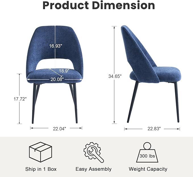 Rowill Boucle Dining Chairs Set of 4, Morden Upholstered Dining Room Kitchen Chairs with Metal Legs for Living Room, Bedroom, Restaurant, Blue