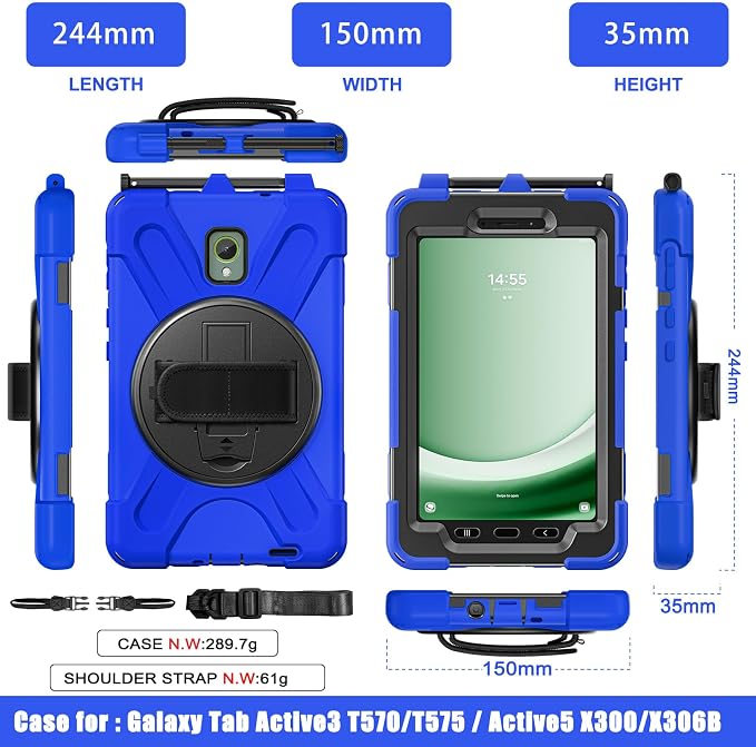 Samsung Galaxy Tab Active5/Active 3 8.0 Case with 360 Stand Handle Hand Strap &amp Shoulder Strap for Galaxy Tab Active5 8 2024 X300/X307 Active3 8 2020 T570/T575/T577 (Black)