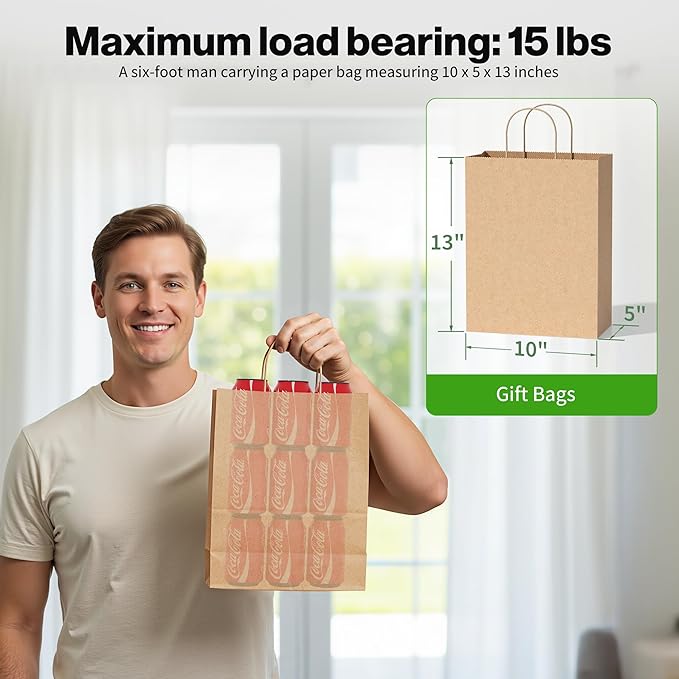 Simple Deluxe 50-Pack Kraft Paper Bags with Handles (10x5x13 Inch) - 100% Recycled Natural Brown Shopping Bags for Retail, Gifts & Merchandise - Made in USA, 90GSM Thick