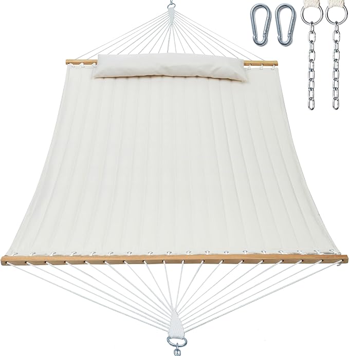 Double Quilted Fabric Hammock with Spreader Bar, Fit 11-12ft Hammock Stand, 2 Person 12ft Hammocks for Outside, Large Removable Pillow Storage Bag, Carabiners, Max 475 lbs Capacity (Beige)