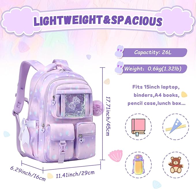 Kids Backpack for Girls - School Bags for Middle School Students - Book Bag for Elementary Primary - Kawaii Ita Backpack - Purple Shell