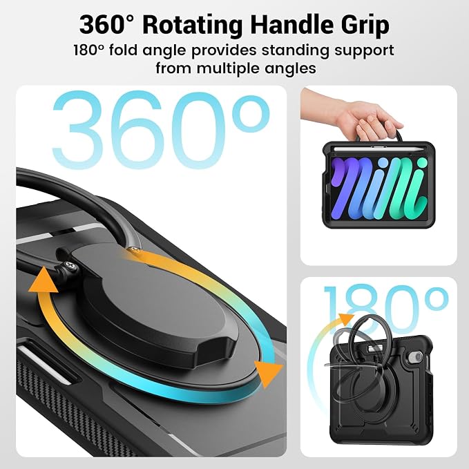 Case for iPad mini 7 (A17 Pro) 2024/ Mini 6 8.3'' with Pencil Holder Screen Protector [360 Rotating Hand Strap] &ampStand &ampShoulder Strap Shockproof Case for iPad mini 7th/6th Generation Purple