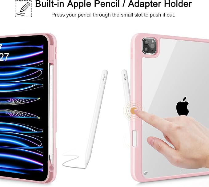 May Chen Case for iPad 12.9 Inch (6th/5th/4th/3rd Generation 2022/2021/2020/2018) Pencel Holder + Trifold Support Auto Sleep/Wake Transparent Shockproof Back Cover Blue Bows
