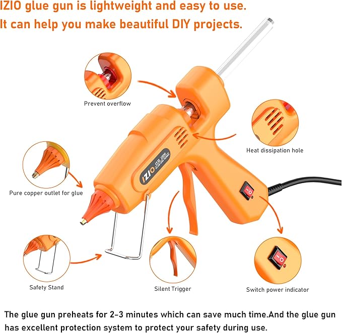 IZIO hot glue gun and sticks set with 21 glue sticks(7/16"), storage pouch, copper nozzle,Equipped with anti scalding mouth, safe switch, ergonomic grip, lightweight for diy projects, home repairs.