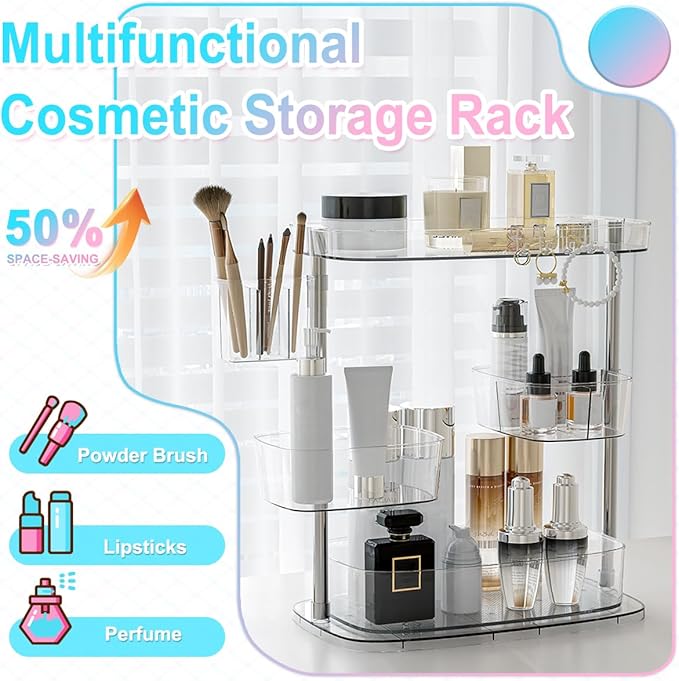 360 Rotating Makeup Organizer 2 Tier with 3 Adjustable Makeup Carousel Spinning Holder Rack - Large Cosmetic Display Case for Bathroom Countertop, Lipstick, Brushes, Skincare