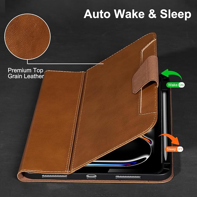Gexmil Leather Case for iPad Pro 11 Inch M5/M4 2025/2024Crocodile Brown | Genuine Leather CoverPencil HolderMagnetic ClosureSmart Folio Auto Sleep/WakeProtectiveAdjustable Stand