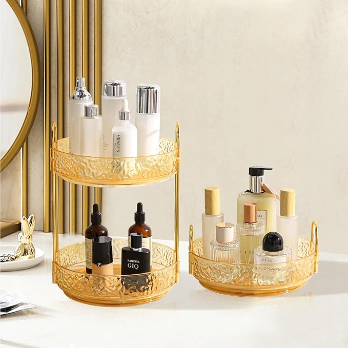 Fangoo 3 Tiers Gold Rotating Makeup Organizer for Vanity, 360 Spinning Skincare Organizers for Dresser Perfume Organizer Large Skincare Make Up Storage Cosmetic Organizer for Bathroom Countertop