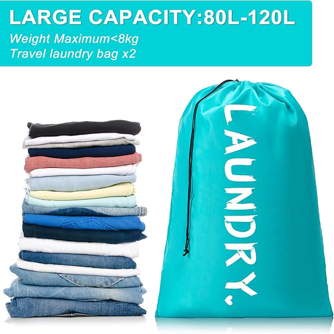 2 Pack XL Travel Laundry Bag, Machine Washable Dirty Clothes Organizer with Drawstring,Large Enough to Hold 4 Loads of Laundry, Easy Fit a Laundry Hamper or Basket Travel Essentials 24" x 36"