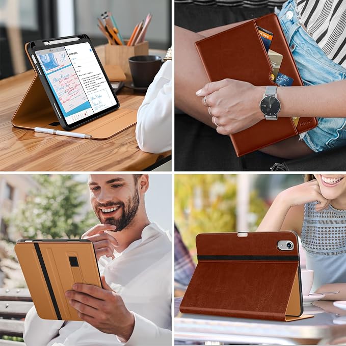 DTTO for iPad (A16) 11th Generation 11-inch &amp 10th Gen Case Brown | Premium Leather Business Cover with Pencil Holder Hand Strap &amp Pocket Corner Protection Auto Sleep/Wake for Work &amp