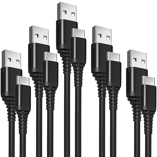 5-Pack USB-A to USB-C Cables – Extra-Long 10 ft (3 m) 3A Fast Charging Braided – Compatible with iPhone 15/16/17 Galaxy S25/S24/S23 Pixel PS5 &amp More