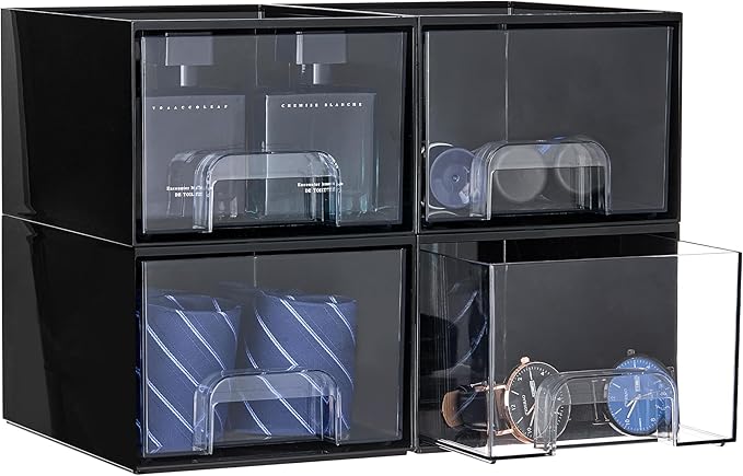 Vtopmart Black Stackable Storage Drawers,4.4‘’ Tall Cologne Organizer for Men,Plastic Containers for Vanity, Dresser,Office Desk,Bathroom Countertop Organization,Ideal for Room Decor,Gifts for Men