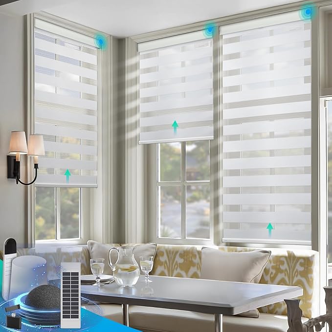 DENFOON Motorized Zebra Blinds, Solar Powered Dual Layer Automatic Shades with Remote Control, Rechargeable Smart Blinds Horizontal Wireless Electric Shades for Windows, Custom Size, White， 40 x 72