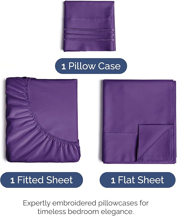 Twin Size 3 Piece Sheet Set - Comfy Breathable & Cooling Bed Sheets Set - Hotel Luxury Bedding for Women, Men, Kids, Teens, Boys & Girls - Deep Pockets, Ultra-Soft, Wrinkle Free - Oeko-Tex - Purple