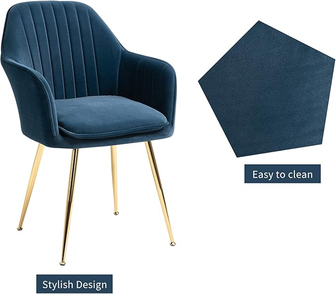 ECOTOUGE Modern Dining Chairs Set of 6, Upholstered Dining Room Chairs with Golden Metal Legs, Matte Velvet Kitchen Chairs for Dining Table, Accent Chairs for Living Room, Blue