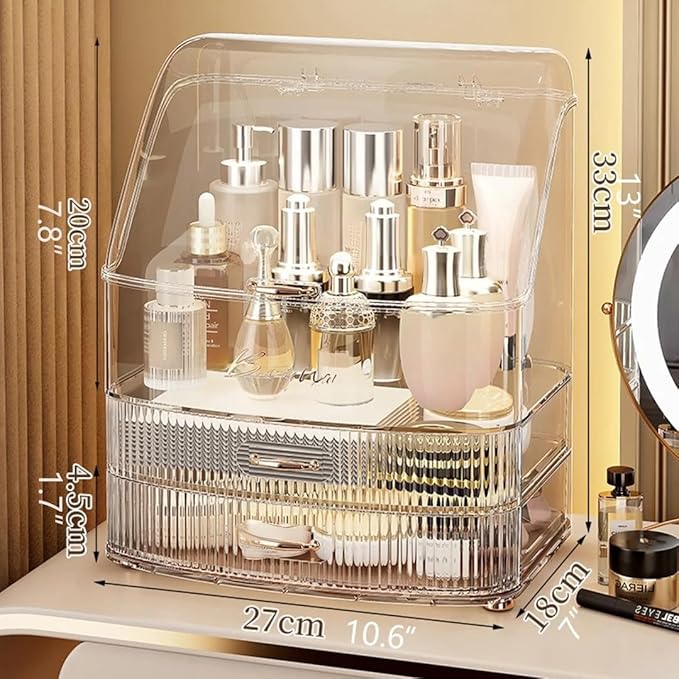 Clear Makeup Organizer Countertop with Drawers and Lid, Dustproof Organizers and Storage for Bathroom Vanity, Ideal for Cosmetic, Beauty Supplies -White