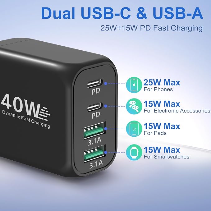 USB C Charging Blocks Costyle Multi USBC Wall Fast Charger Plug Adapter PD/PPS 25W Super Fast Type C Charging Block for Samsung S26 Ultra S25 S24 A16 A17 iPhone 17 16e 15 Pro Max+3 Pack USB-C Cable