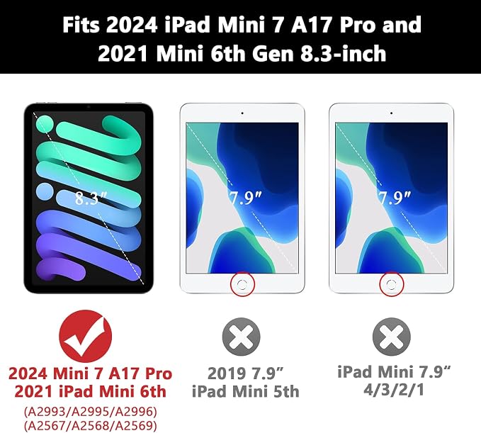 Grifobes Case for iPad mini 7th 2024 (A17 Pro) / Mini 6th Generation 2021 8.3 Heavy Duty Shockproof Cover with Pencil Holder Stand for i Pad Mini 7/6 Gen 8.3 inch Case (Black+Red+Red)