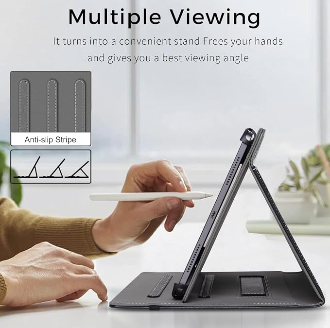 Junfire Universal 10.1 Inch Tablet Cover with Stylus Holder-Grey | Leather Folio Cover for Android/iOS/Windows Stand Hand Strap Pocket