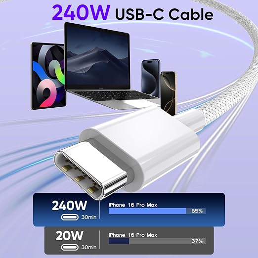 USB C to USB C 240W USB C Cable 2-Pack 10ft C to C Cable Fast Charging for MacBook Pro/MacBook Air iPad Pro/iPad Air iPhone 16 15 Pro Max Plus Samsung GalaxyCompatible 140W/100W/65W/45W/35W/20W