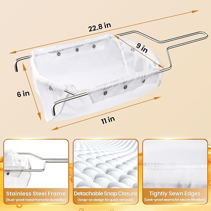 3 Pcs Deep Fryer Filter Bag & Frame Set, Reusable Oil Strainer Compatible with 40L/60L Deep Fryers, Fine Mesh to Capture Crumbs, Durable for Home & Commercial Use, with 1 Professional Food Thermometer