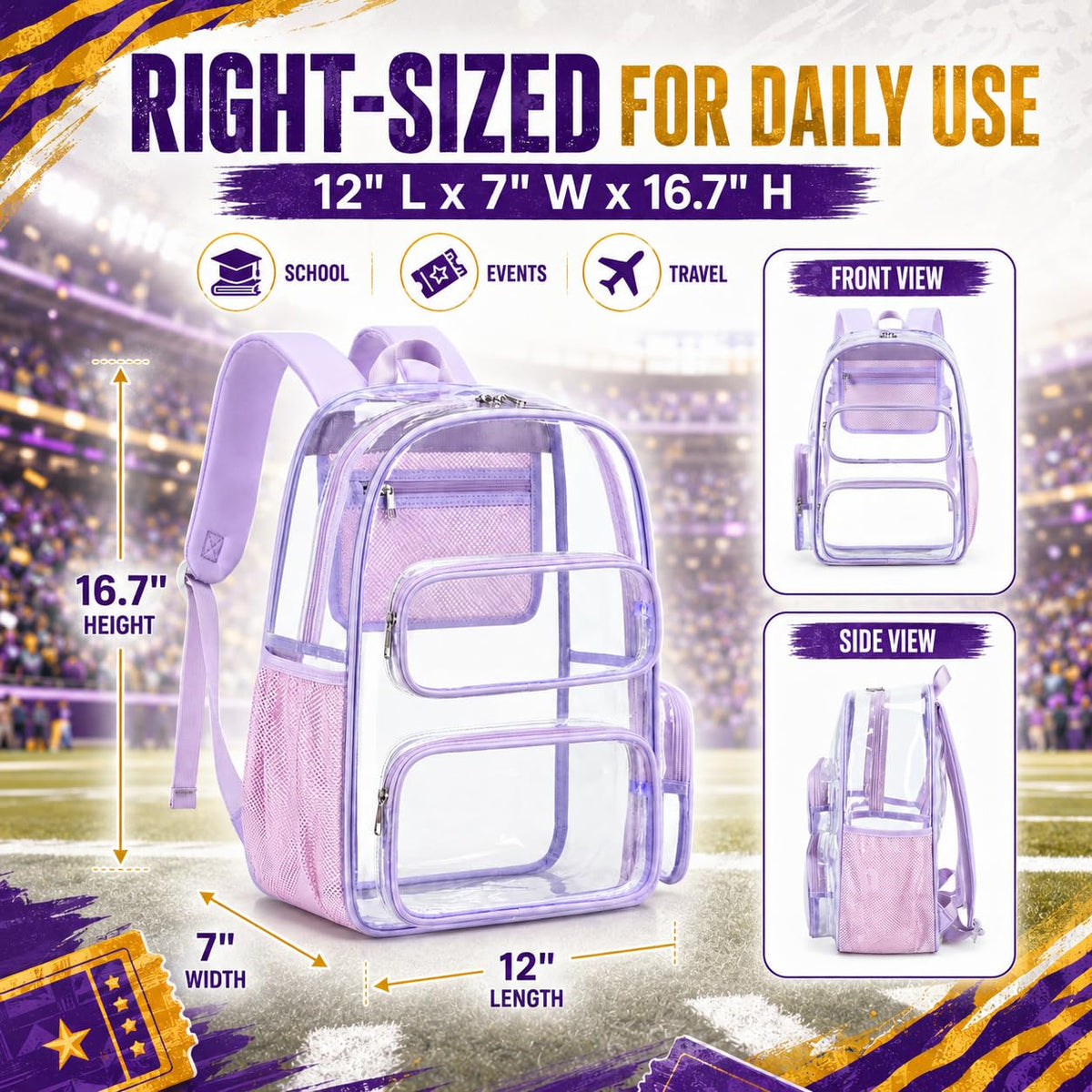 BTOOP Clear Backpack Heavy Duty Transparent Backpack 17" See Through Bookbag for College Work Festival Security Padded Strap (Purple)