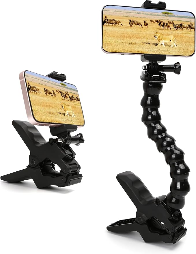 Gooseneck Phone Holder Flex Clamp Clip Mount with Flexible Jaws for Desk Pole or Mobile Stand Adjustable Compatible with iPhone 14 13 Pro XS Max XR X 8 7 6 6s Plus and Other 4-7'' Device