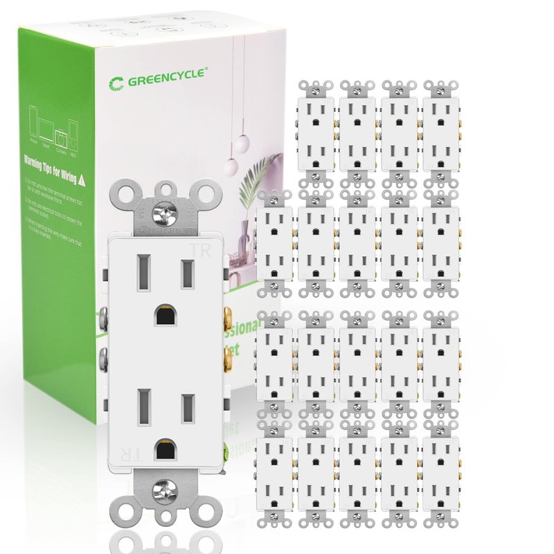 Outlet Plug,Greencycle 110V Plug Replacement,20PK 15Amp Tamper Resistant,5-15R,3 Wire Square Outlet Wall Plug,Residential Commercial Grade,Ultra-Slim,Heavy Duty,Self-Grounding,UL/Cul
