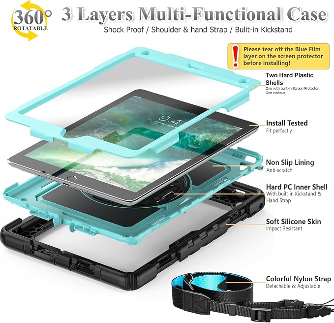 SEYMAC stock Case for iPad 6th / 5th Generation Case/Air 2 / Pro 9.7 inch Heavy Duty Protective with Screen Protector with Pencil Holder Hand Strap Shoulder Strap 360 Rotate Stand Black