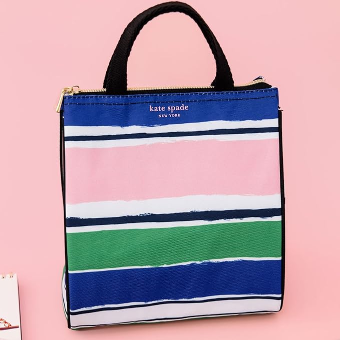 kate spade new york Cute Lunch Bag for Women, Large Capacity Lunch Tote, Adult Lunch Box with Silver Thermal Insulated Interior Lining and Storage Pocket, Ocean Stripe