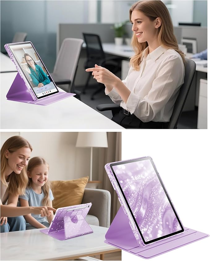 INFILAND Rotating Case for Samsung Galaxy Tab S10 FE/ S9 FE 5G 10.9 Inch/Tab S9 11 Inch 360 Cute Glitter Cover with Clear Back S Pen Holder for Girls Kids Woman (Black)
