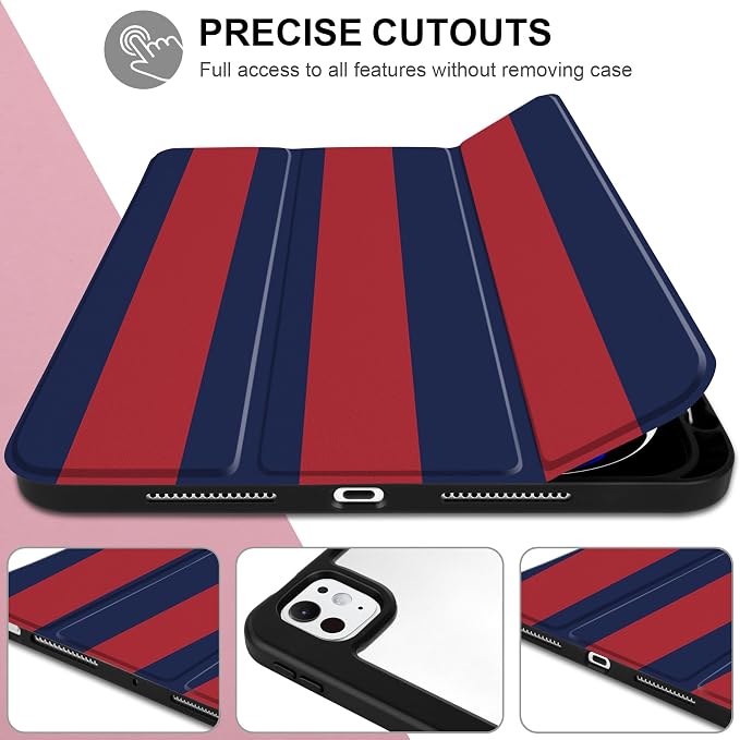 Case for iPad Pro 11 inch M5 2025 /M4 2024 Blue Ribbon Stripe | Blue Ribbon Stripe Folio Case with Clear Back Pencil Holder Trifold Stand and Auto Sleep/Wake for Preppy Aesthetic Users