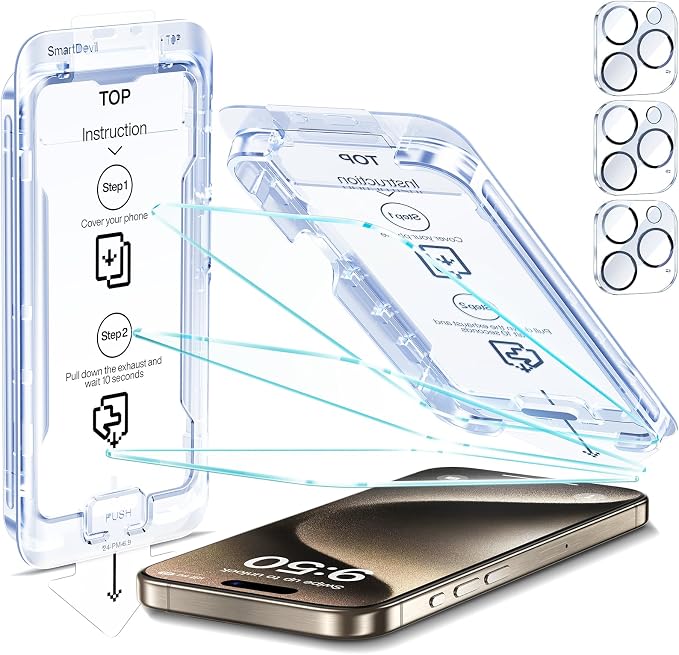 SMARTDEVIL (3+3 Pack HD Clear Screen Protector for iPhone 14 Pro Max with 3 Camera Lens Protectors 9H Tempered Glass Shatter-Resistant SmartPull Dust &amp Bubble-Free Install Frame Case-Friendly