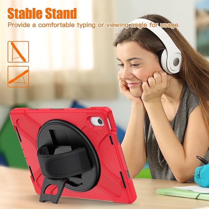 ZenRich Shockproof Case for iPad (A16) 11th/10th Generation Black | Pencil Holder 360° Rotating Kickstand Hand Strap Adjustable Carrying Strap Heavy Duty Rugged