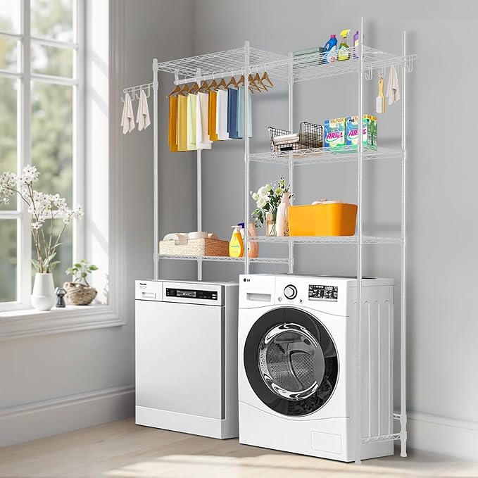 VEVOR Over The Washer and Dryer Storage Shelf, 5 Tier Laundry Room Drying Rack with Hanger Rod and Hooks, Adjustable Over Washer and Dryer Shelves, Laundry Room Shelf Storage Space Saver, White