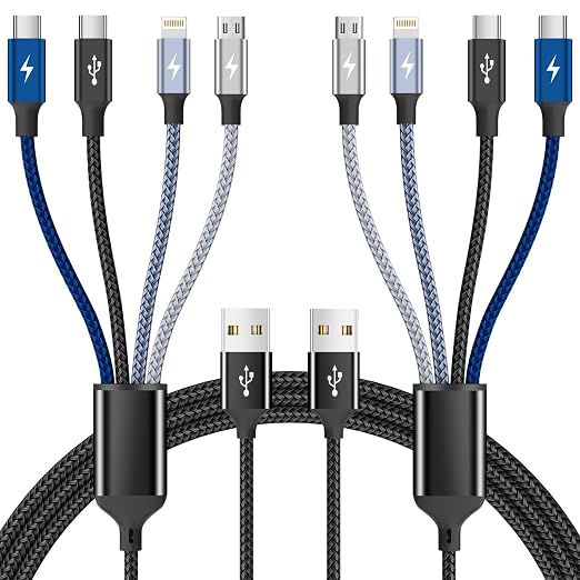 4 in 1 Multi Charging Cable 2 Pack 6FT Charging Cords for Devices | Nylon Braided USB C Car Charger Cable with Dual USB-C IP &amp Micro Ports Long Travel Charging Cord for Cars