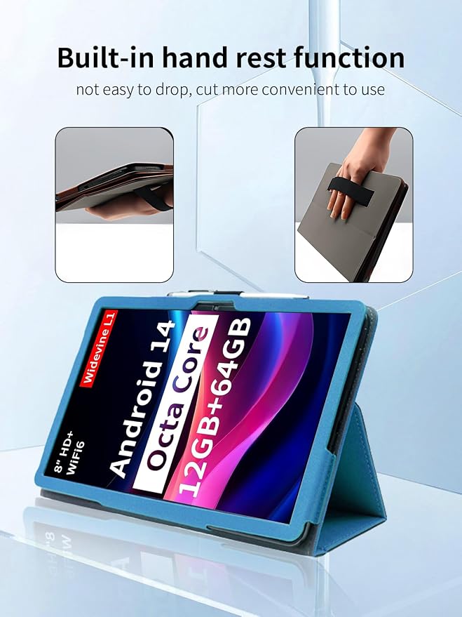 Case for Topsand M8 Android 14 Tablet 8 inch TabletsUYRUREL Leather Slim Folding Stand Cover with Hand Strap Magnet for Men Women Full ProtectionBlack.