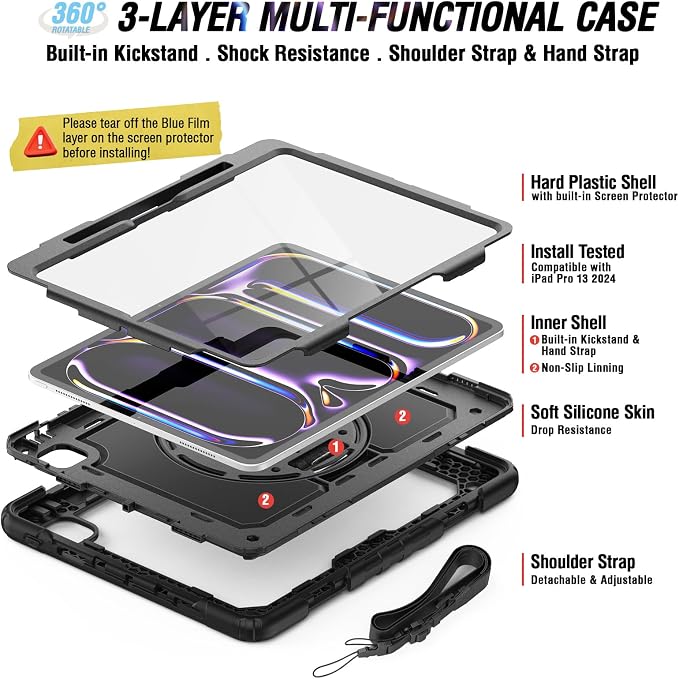 iPad Pro 11 Inch Case 2024 with Screen Protector Pen Holder | iPad Pro 11 5th Generation Case | Three Layer Shockproof Defender Protective Cover W/Stand Hand Strap for iPad A2836/A2837 | Black
