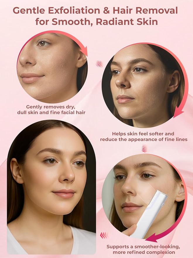 Dermaplane Facial Razor for Women – Electric 3-Speed Sonic Face Hair Removal Tool with LED Light, Peach Fuzz Remover & Exfoliating Dermaplaning Tool, USB-C Rechargeable with 5 Replacement Heads