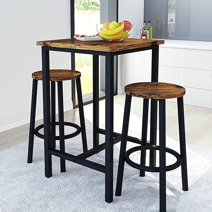 Recaceik 3 Piece Pub Dining Set, Modern bar Table and Stools for 2 Kitchen Counter Height Wood Top Bistro Easy Assemble for Breakfast Nook Living Room Small Space Restaurant, Rustic Brown 24