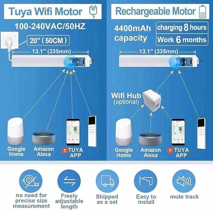TIPIACE Hard-Wired Tuya Wifi Motorized Curtain Track to Remote Control Ceiling Mount Electric Retractable Curtain Rail Compatible with Alexa Google Home (L 94-177 inch OR 240cm - 450cm)